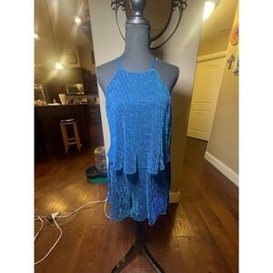 Dressy‎ Blue Plisse Romper Dress Halter Sleeveless Party Club Layered